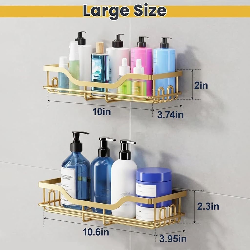 Omaira Shower Caddy - 3-Pack Rustproof No-Drill Organizer with Soap Holder | Gold Finish for Smooth Walls