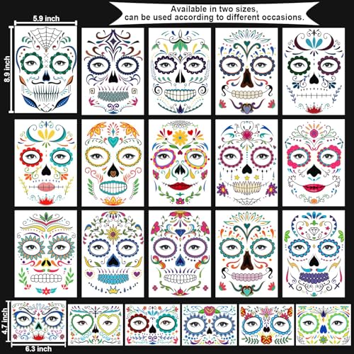 Day of the Dead Temporary Face Tattoos - 21 Sheets Halloween Makeup Stickers