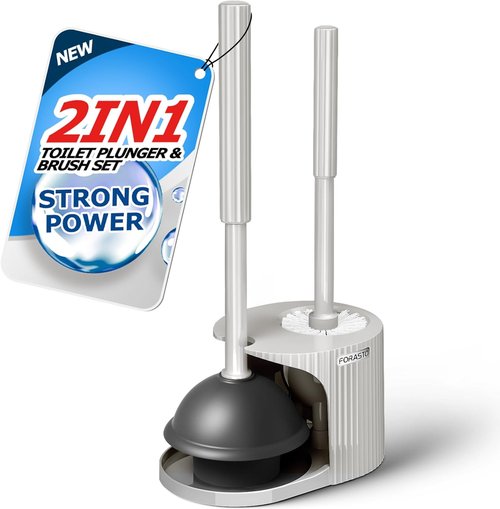 Forasto 2-in-1 Toilet Plunger and Brush Set - Extended Handle Bathroom Cleaning Tools | Cream Grey (21 Inch)
