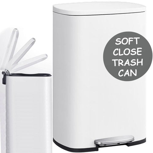 Homie 13 Gallon Kitchen Trash Can - Soft Close Lid & Anti-Bag Slip Liner | Versatile Garbage Basket in Shiny White
