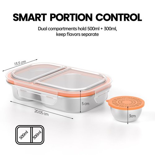 CODIEKEY Snackle Box Container,Dishwasher,Reusable Snack Containers With Lids,2 Compartment Stainless Steel Snack Containers,Fruits, Snacks,Nuts,Salad,travel,800ML,White&Orange,1 Pack