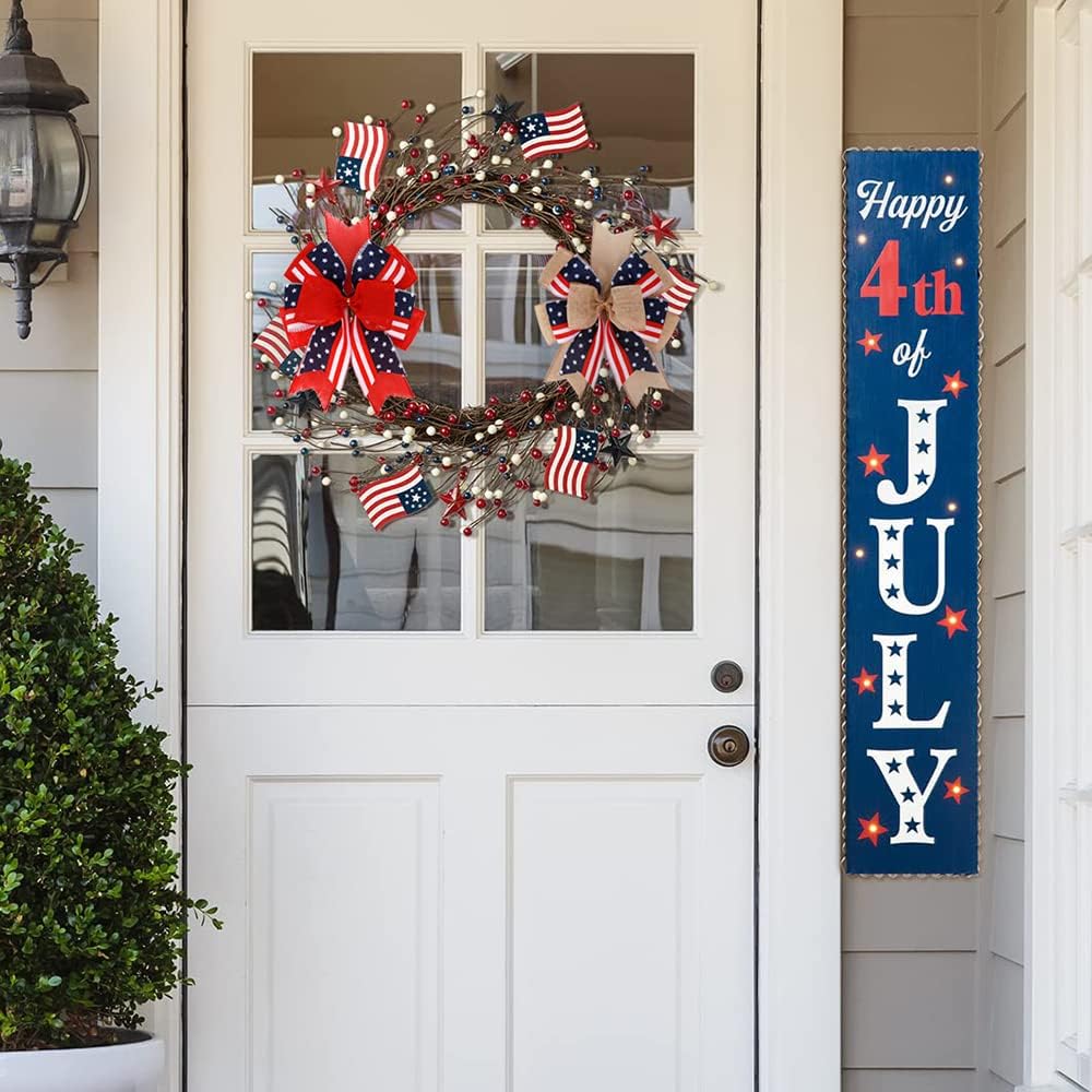 Meseey Patriotic Bows for Wreaths - Large Burlap Red, White & Blue Stripe Bow | 12” x 9.4” for 4th of July Decor