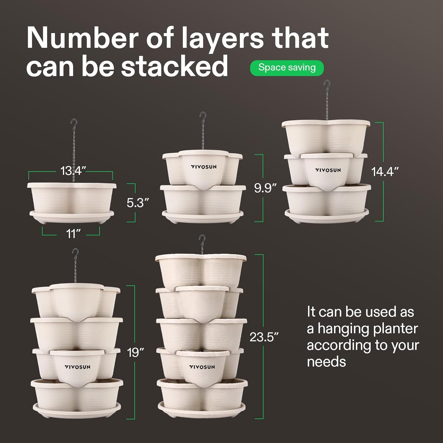 VIVOSUN 5-Tier Vertical Gardening Planter - Stackable for Strawberries, Flowers, Herbs & Vegetables | Ivory