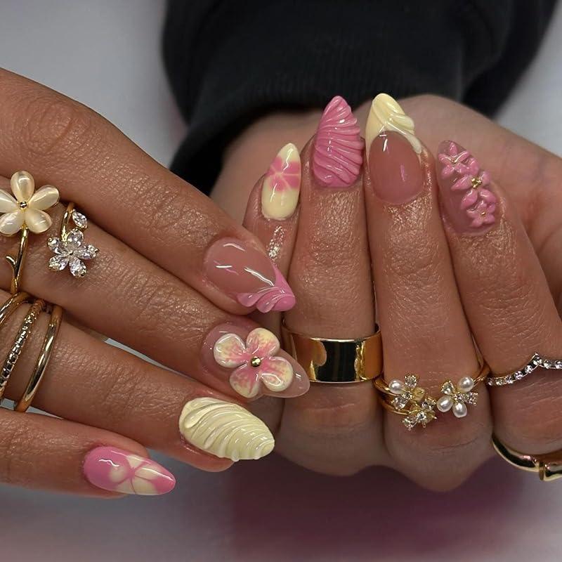 Short Almond Press On Nails with Floral French Design Acrylic Fake Nails