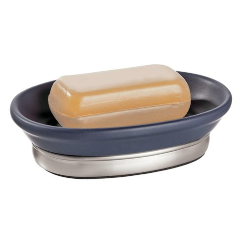iDesign Ceramic and Steel Bar Holder, The York Collection Soap Dish, Matte Navy/Brushed Nickel
