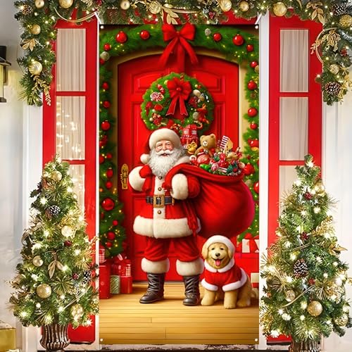Christmas Door Cover Santa Dog Holiday Yard Banner 35x71 Inches