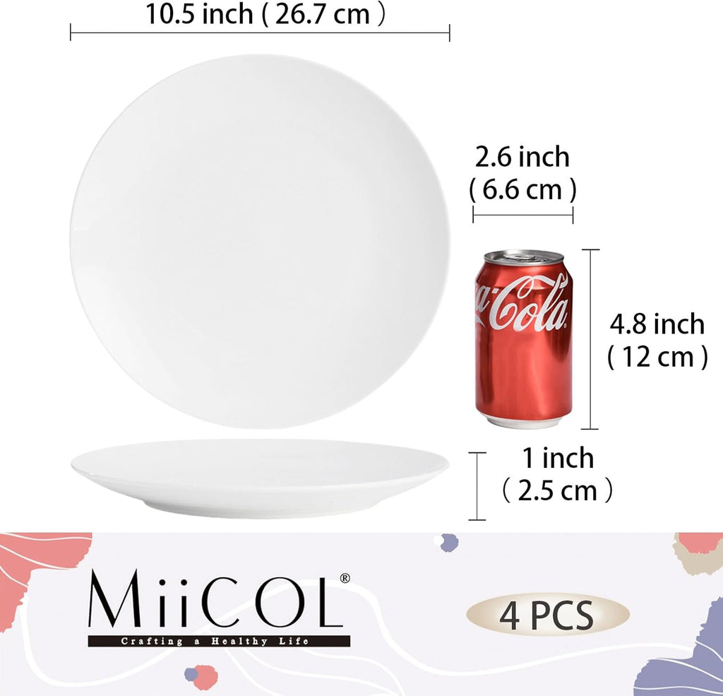 Miicol Ceramic Dinner Plates Set of 4 - Large 10.5-Inch White Porcelain Serving Dishes | Microwave & Dishwasher Safe