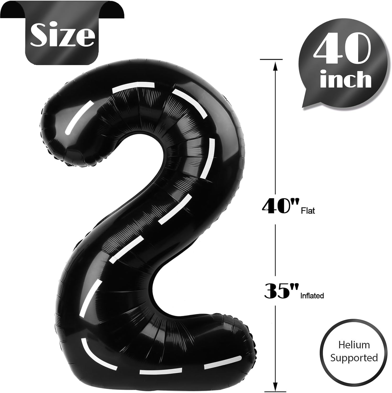Race Car 2 Balloon - 40 Inch Black Number 2 Balloon for Second Birthday Party Decorations