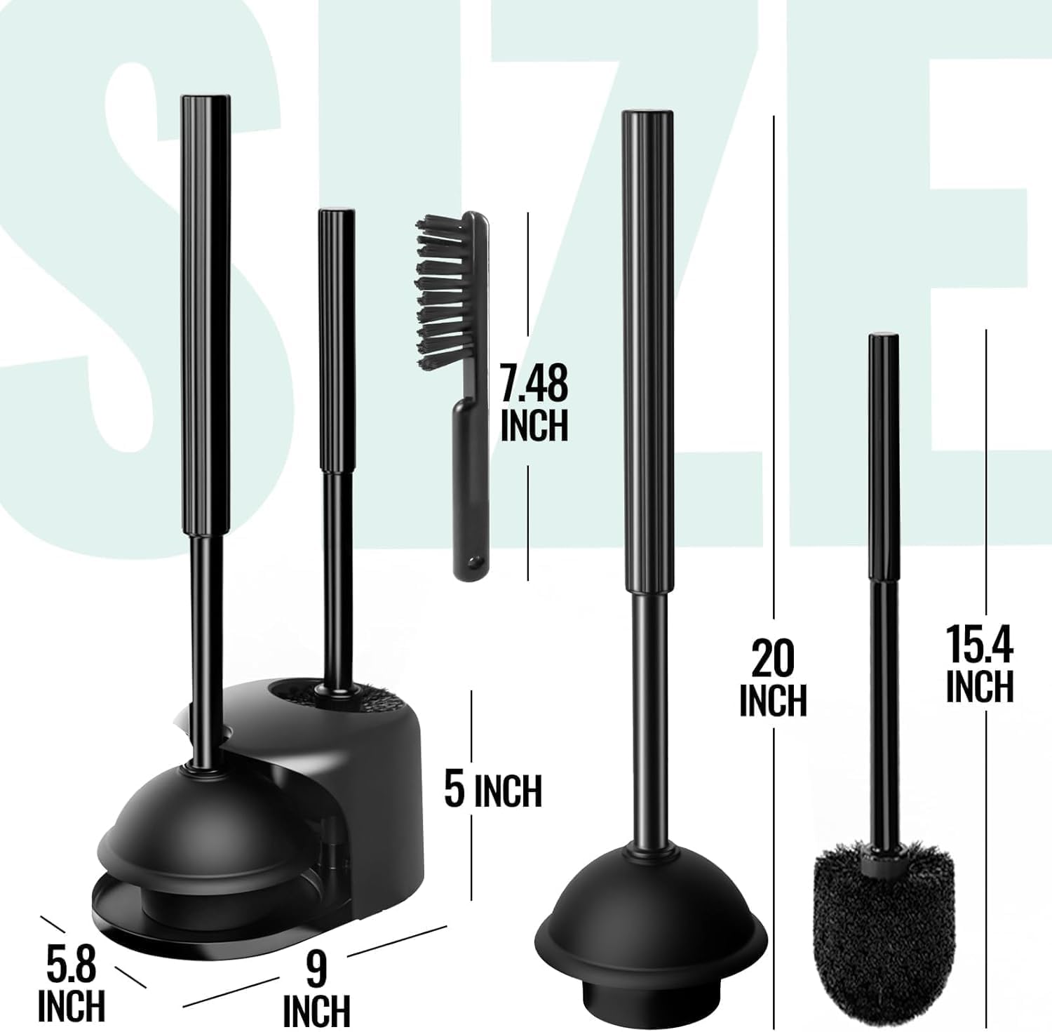 Skiennix 4-In-1 Toilet Brush and Plunger Set - Extra Long Handle with Crevice Cleaner | Black, 2 Pack
