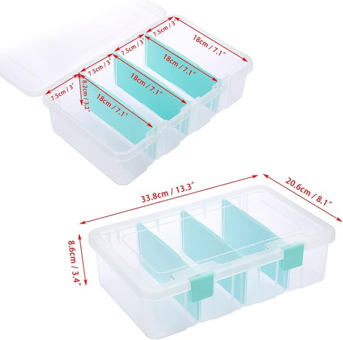 BTSKY Clear Plastic Storage Box - Adjustable 4-Compartment Organizer with Lid | 13.3x8.1x3.4 Inches