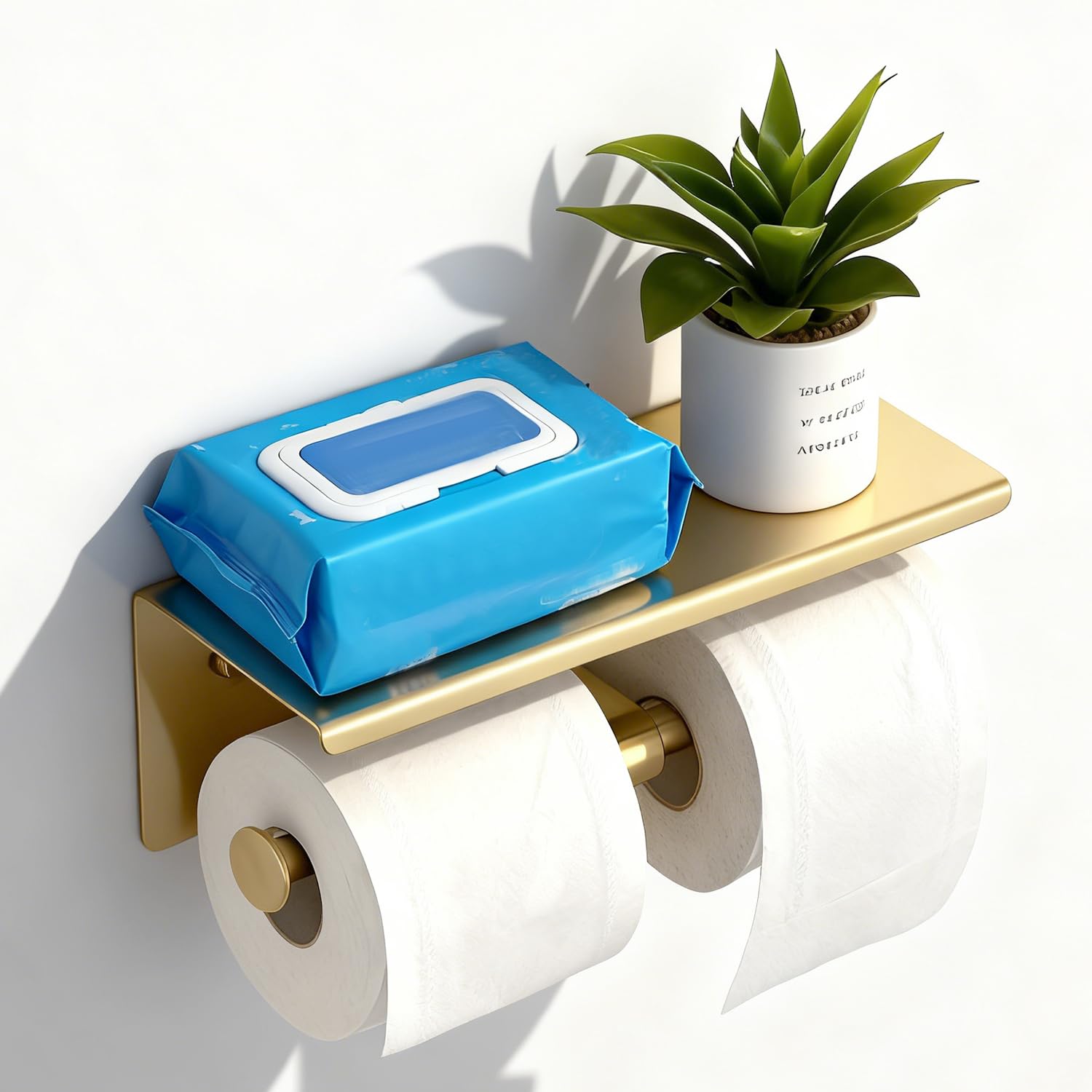Toilet Paper Holder, NEWRAIN Double Bathroom Toilet Paper Roll Holder with Shelf, Stainless Steel Wall Mounted RV Tissue Roll Holder, Brushed Gold Commercial Farmhouse Toilet Paper Dispenser