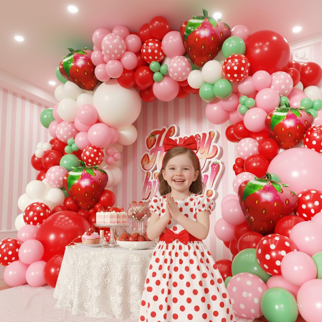 PTGOLUO Strawberry Balloons Garland Arch Kit 163pcs, Red and Pink Green Balloons for Sweet Girl Berry First Birthday Themed Baby Shower Valentine's Day Strawberry Party Decorations