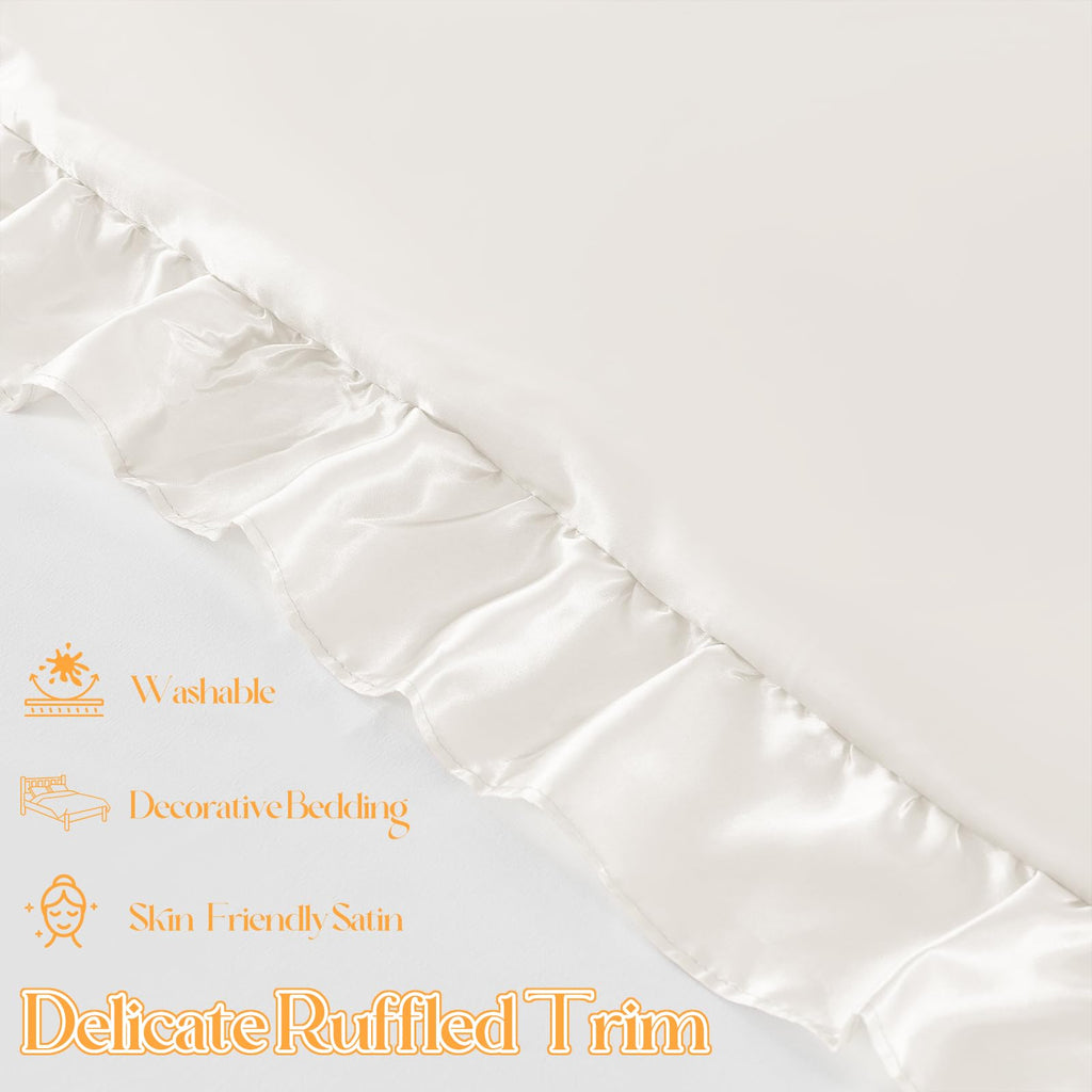 NSGZ Ruffled Satin Pillowcase Set of 2, Standard Size Silky Pillow Shams for Hair and Skin Care, Ivory White Satin Pillow Covers with Envelope Closure, Anti Wrinkle Pillow Cases for Classic Room Decor