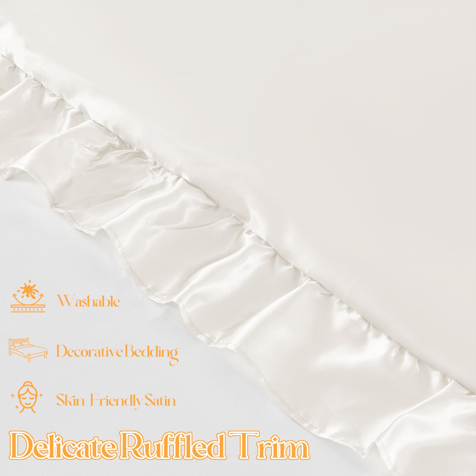 NSGZ Ruffled Satin Pillowcase Set of 2, Standard Size Silky Pillow Shams for Hair and Skin Care, Ivory White Satin Pillow Covers with Envelope Closure, Anti Wrinkle Pillow Cases for Classic Room Decor