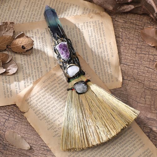 RENEMEGO Fluorite Witchcraft Broom - Wiccan Decor with Healing Crystals