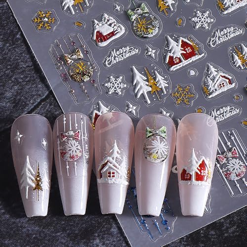 5D Embossed Winter Snowflake Nail Stickers Decals - 3 Sheets Christmas Holiday Nail Art Design