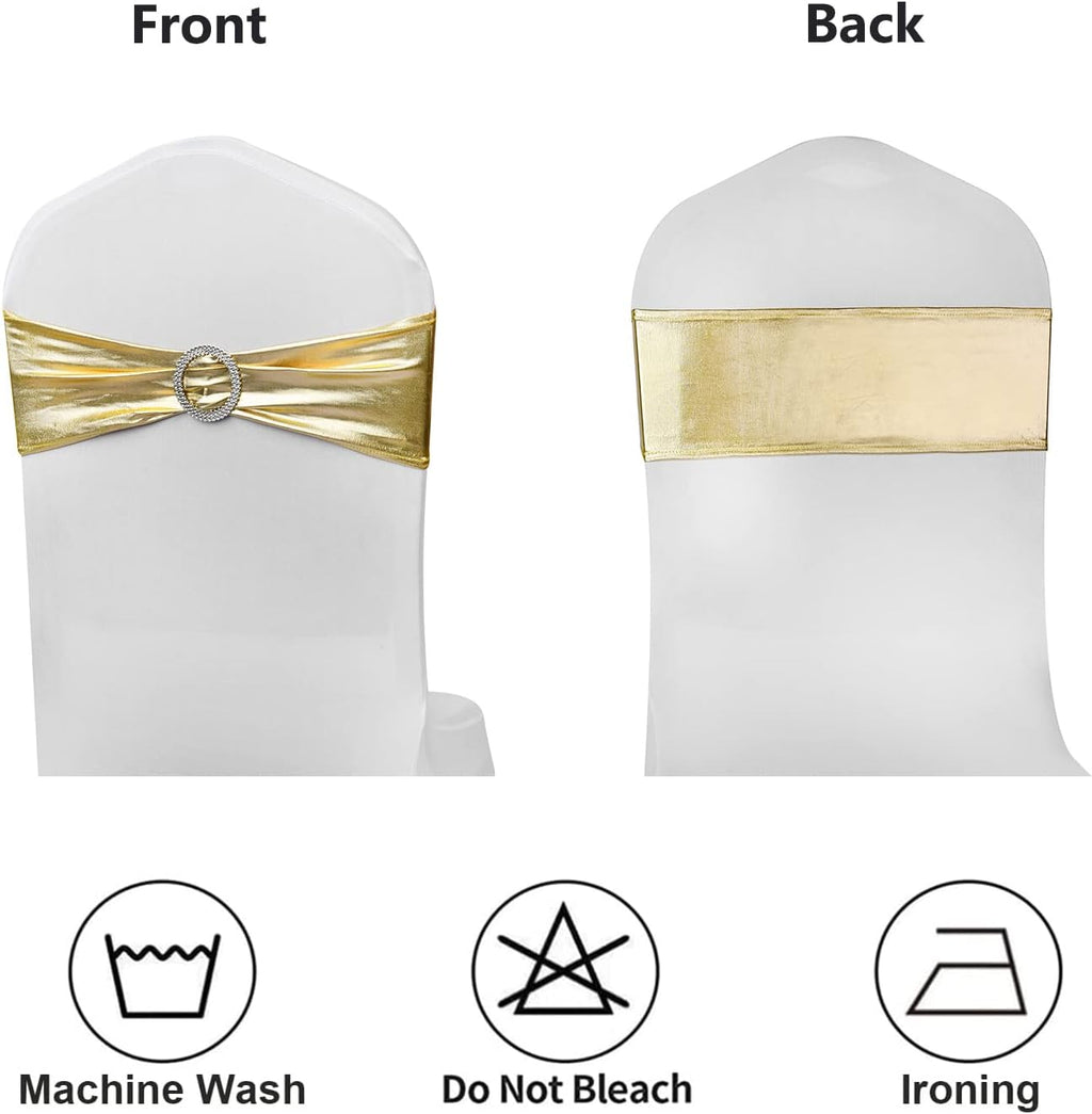 Spandex Gold Chair Sashes - 50 Pack Stretch Chair Bands with Buckles for Wedding & Event Decor - Metal Gold