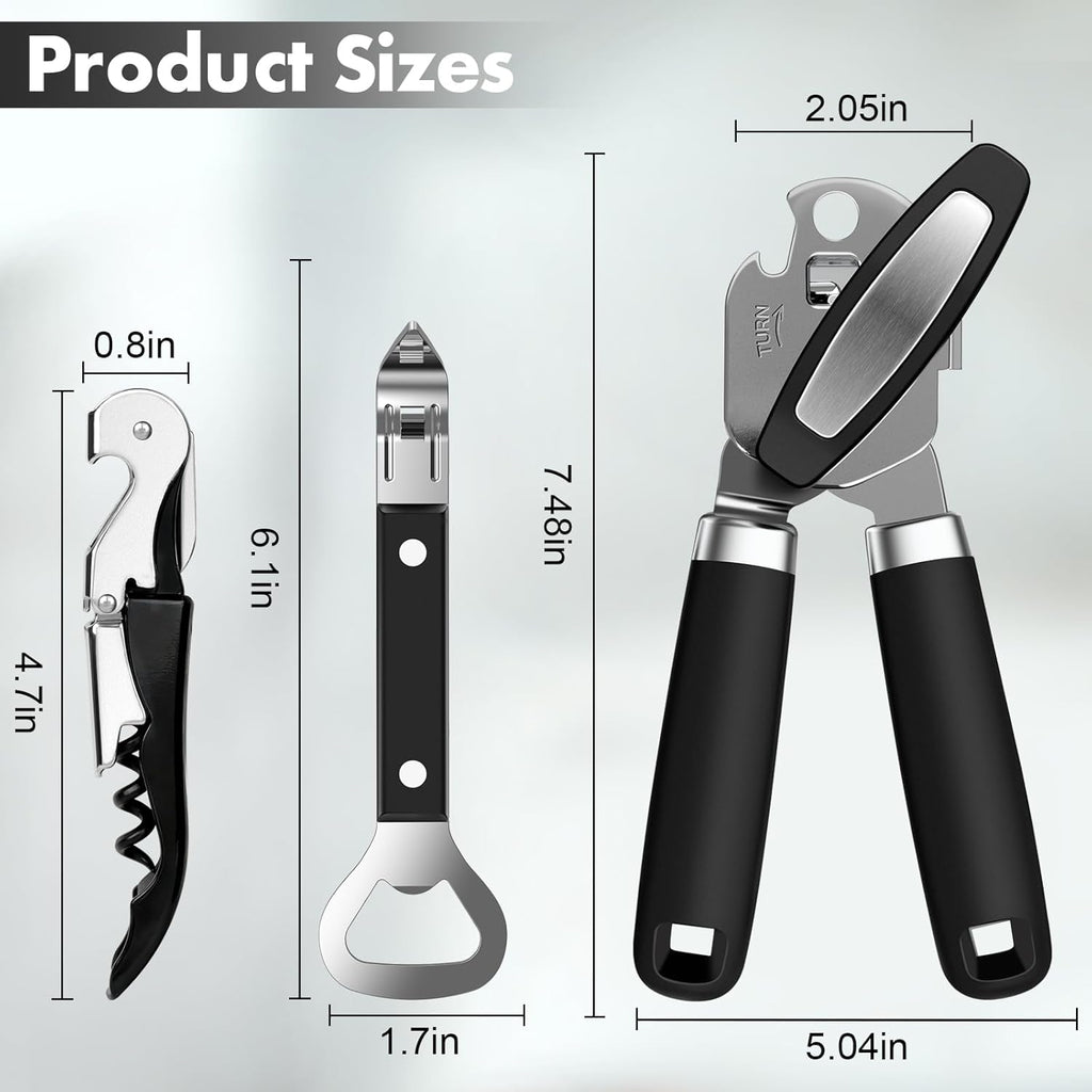 Skiennix Manual Can Opener Set - Heavy Duty Stainless Steel with Smooth Edge & Strong Magnet | 3-Piece Black Kitchen Tool