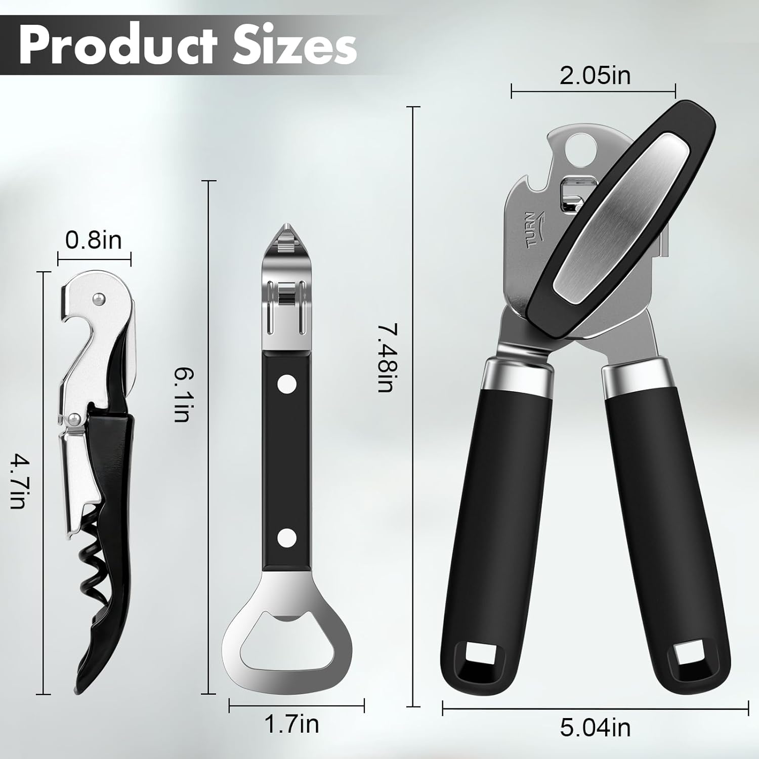 Skiennix Manual Can Opener Set - Heavy Duty Stainless Steel with Smooth Edge & Strong Magnet | 3-Piece Black Kitchen Tool