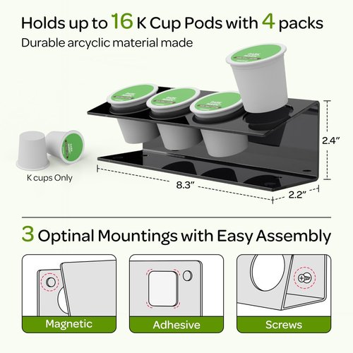 LifeMoreasy K Cup Holders, Acrylic Coffee Pods Organizer Stand Magnetic & Self-Adhesive Wall Mounted K Cup Stand for Kitchen Wall, Cabinet, Fridge (4 Pack for 16 Pods)
