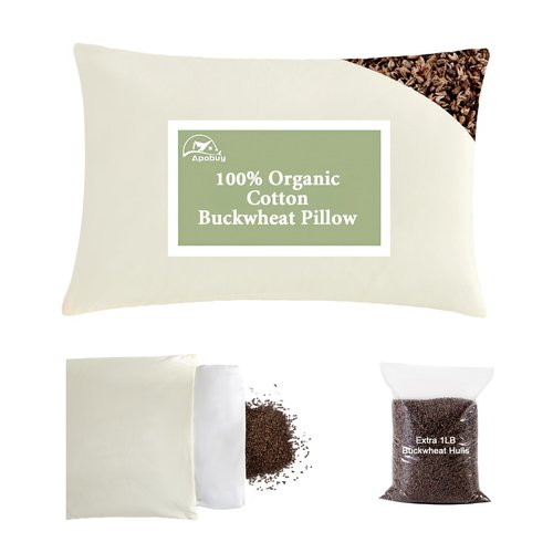 APOBUY 20x26 Large Organic Buckwheat Pillow with Dual-Layer Pillowcase and Extra Tartary Buckwheat Hulls, Adjust Height and Firmness, Neck Support Pillow for Back and Side Sleepers