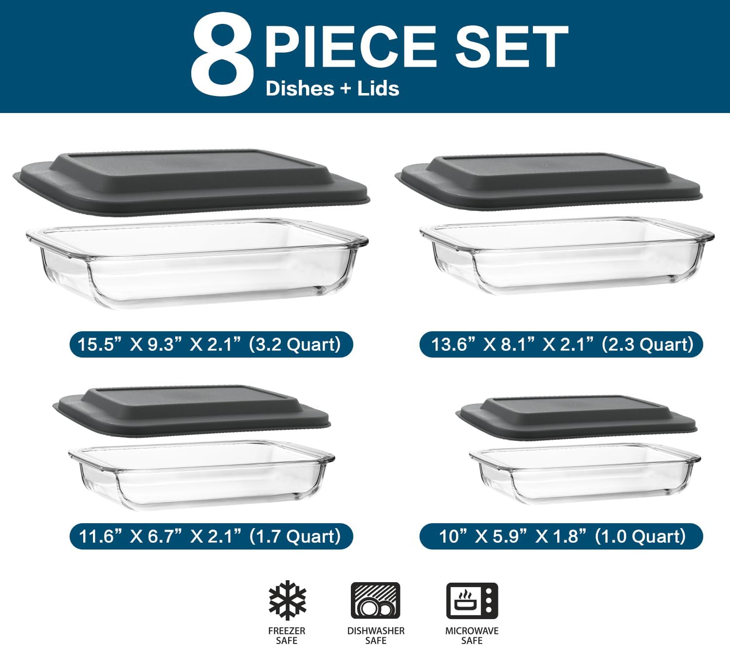 Skiennix 8-Piece Deep Glass Baking Dish Set - Rectangular Bakeware with Lids | Freezer-to-Oven Safe, Gray