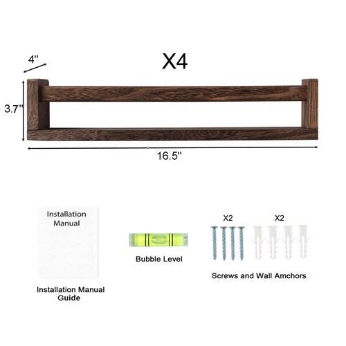 DUICIRX Nursery Room Shelves Set of 4, Wood Floating Book Shelves for Kids Room, Baby Book Shelf for Nursery, Kitchen Spice Rack (Carbonized Brown)