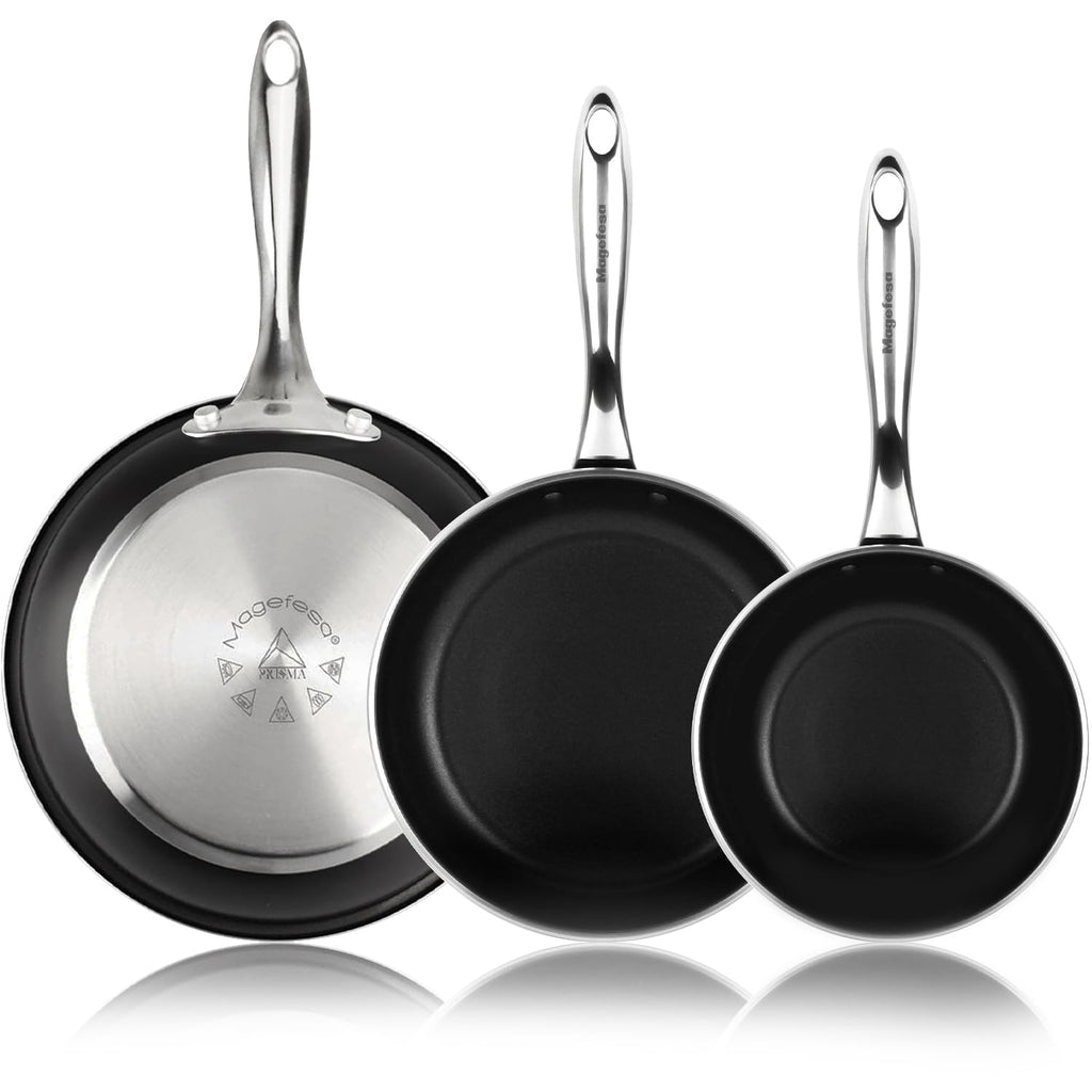 Magefesa Prisma Frying Pan Set, 7.9", 9.4" & 11", 18/10 Stainless Steel, Triple-Layer Nonstick, Works on All Stovetops Including Induction, Oven Safe to 392°F, Dishwasher Safe, Durable Skillets