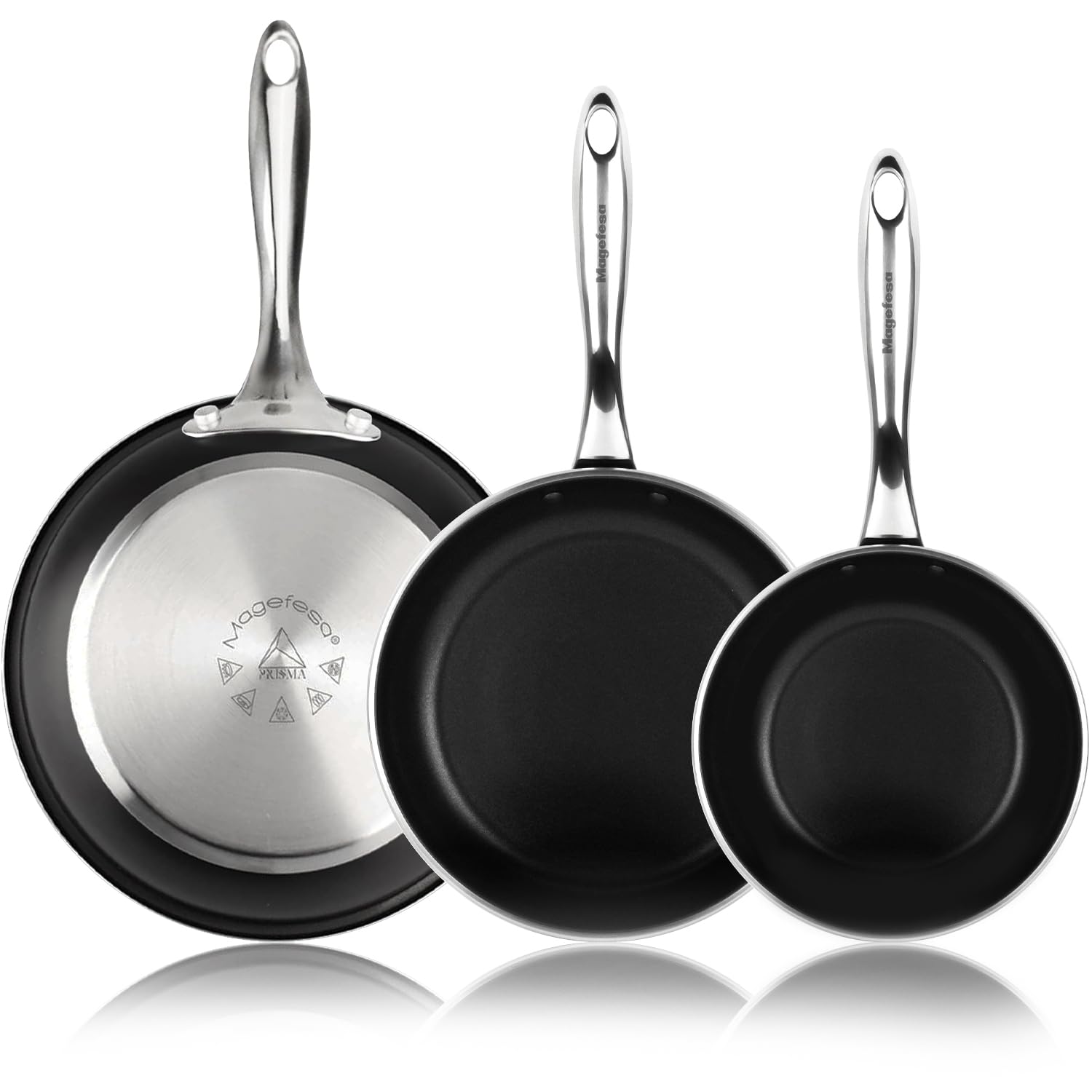 Magefesa Prisma Frying Pan Set, 7.9", 9.4" & 11", 18/10 Stainless Steel, Triple-Layer Nonstick, Works on All Stovetops Including Induction, Oven Safe to 392°F, Dishwasher Safe, Durable Skillets