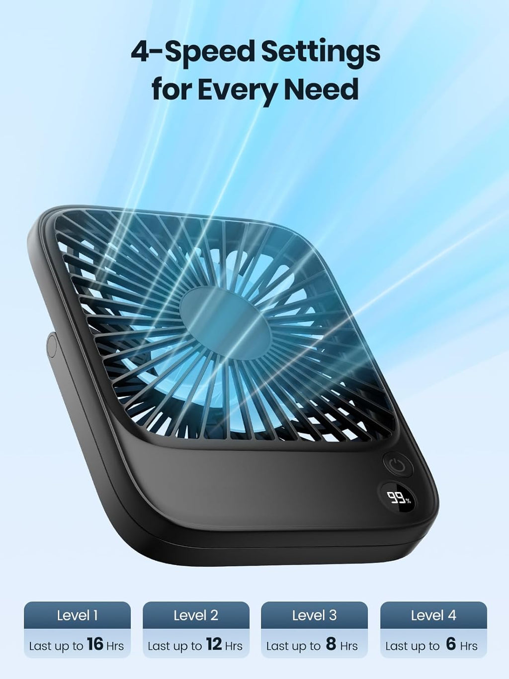 TOPK 5000mAh Portable Desk Fan - Ultra-Thin Rechargeable, Quiet 4-Speed Personal Fan | Ideal for Office & Travel