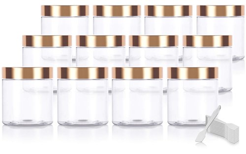 8 oz Clear PET Plastic Refillable Jar with Luxury Gold Metal Overshell Lid (12 Pack) + Spatulas