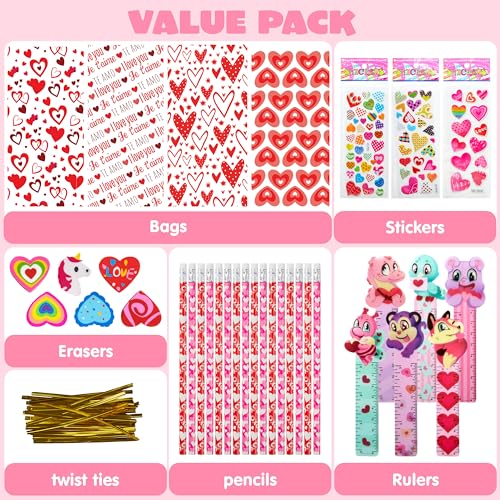 JOYIN 28 Pack Valentines Day Stationery Set Assorted for Kids, with Pencils Sticker Eraser and Rulers, and Holiday Reward Prizes Classroom School Exchange Gift