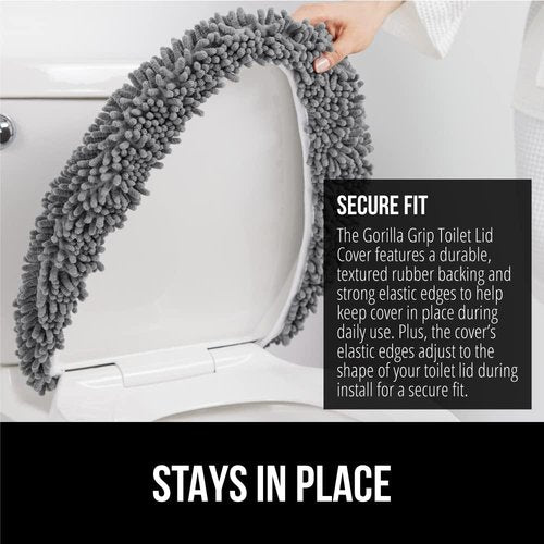 GORILLA GRIP Soft Chenille Toilet Lid Cover - Machine Washable, Non-Slip Rubber Backing, Grey, 19.5x18.5