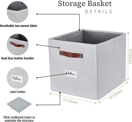 DECOMOMO Storage Cubes - 13x13x13 Fabric Organizer Bins with Labels | Set of 6 in Light Texture Grey
