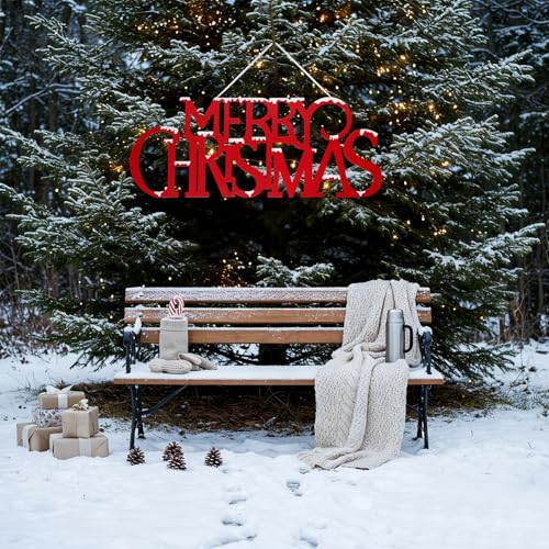 Large Snowy Metal Merry Christmas Wall Sign - 36x12 Inch Holiday Door Decor