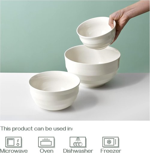 DOWAN Ceramic Mixing Bowls Set - Sturdy & Microwave Safe | Large 3.5/1.9/1.2 Qt Nesting Bowls in Creme White