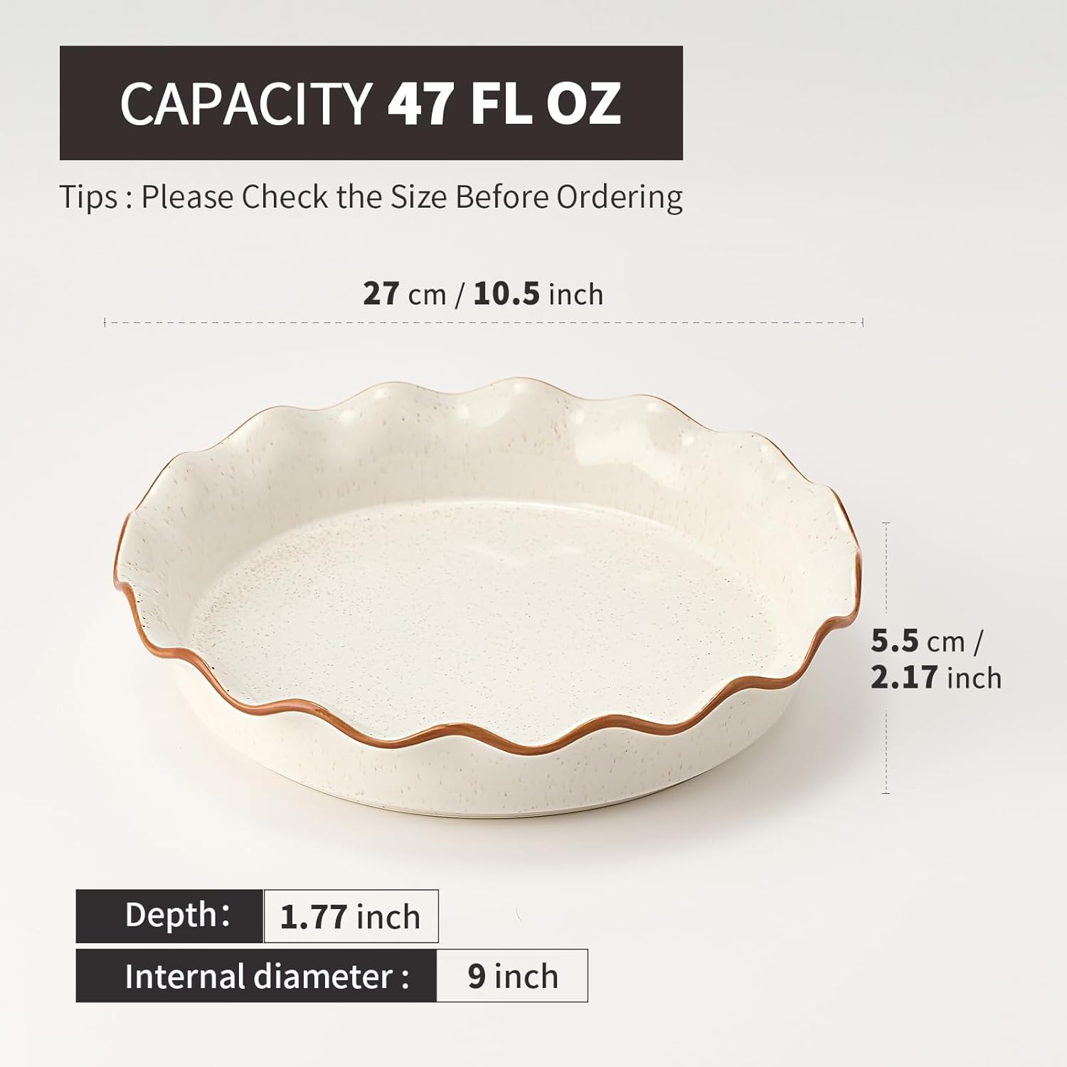 SIDUCAL Non-Stick Ceramic Pie Pan - 10.5 Inch Deep Dish with Ruffled Edge | Dishwasher & Oven Safe (White)
