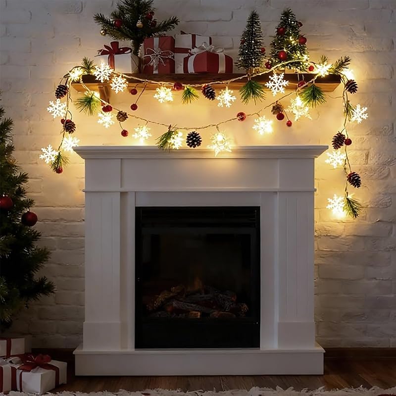 Christmas Garland with Snowflake Lights - 9.8 ft USB or Battery Powered with Pinecones & Red Berries