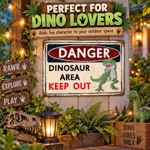Dinosaur Danger Sign for Boys' Room - Vintage Metal Dinosaur Area Keep Out Sign, 8x12 Inches