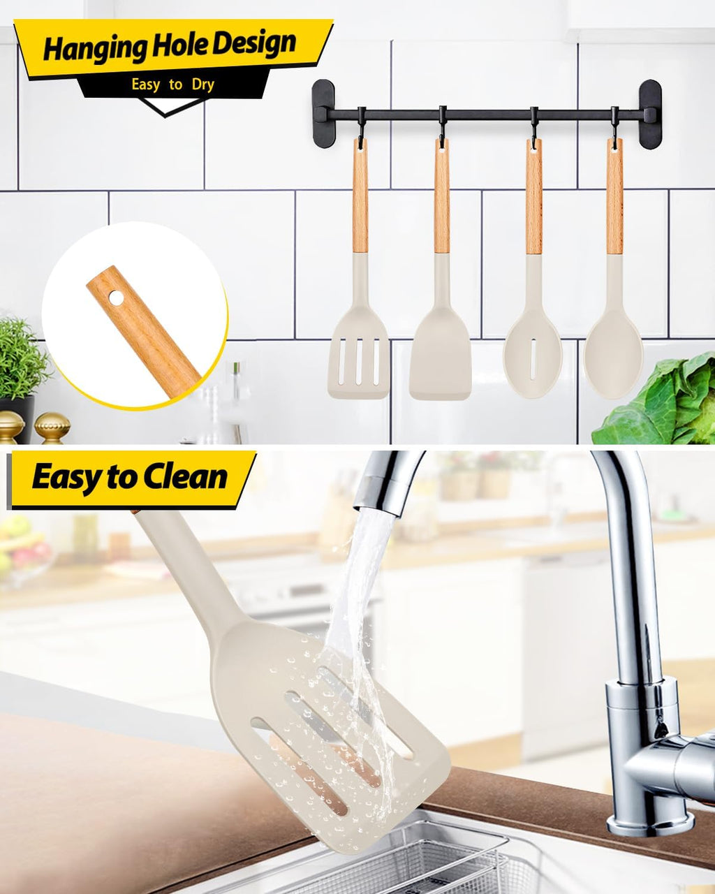Skiennix Silicone Cooking Utensils Set - Non-Stick Spatulas & Heat-Resistant Spoons | 4-Piece Khaki Kitchen Set