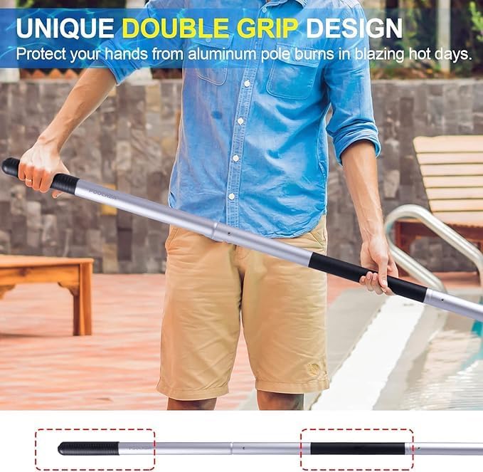 POOLAZA Pool Pole - Dual-Handle Anodized Aluminum Telescopic Skimmer Pole Up to 10.5 Ft | Portable Cleaning Tool