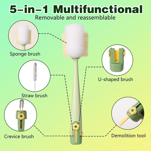 5-in-1 Bottle Cleaning Brush Set, Multifunctional Kitchen Lid Scrubber with Long Handle, Portable Brush Tools for Cups, Hard Bristle Sponge Head(2 Pack)