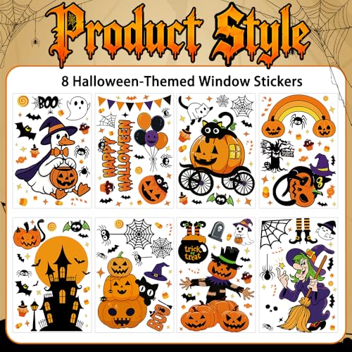 8 Sheets Halloween Window Clings Decor - Spooky Ghosts, Pumpkins & Bats