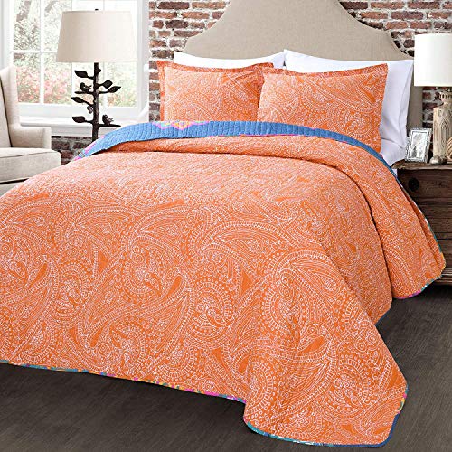 Lush Decor Boho Chic Reversible Cotton Quilt 3-Piece Set, King, Turquoise & Navy - Bright Paisley Print, Vibrant & Colorful Bohemian Bedding Set