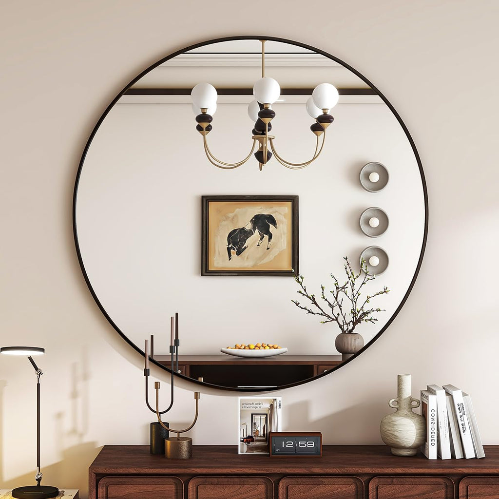 VETROVUE Black Round Mirror, 24 Inch Circle Bathroom Mirror with Metal Frame, Wall-Mounted for Entryway, Bathroom, Vanity, Living Room