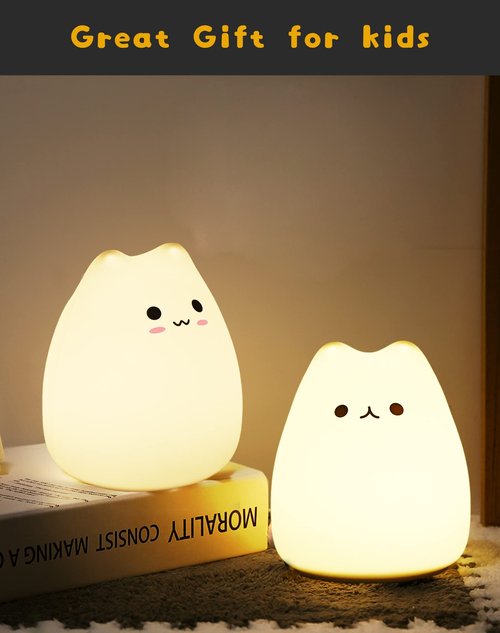 Lueudu LED Cat Night Light, Battery Powered Night Light for Kids, Silicone Multicolor Cute Lamp with Warm White and 7-Color Breathing Mode, Christmas Gifts for Kids, Baby, Children, Lady (Cute Cat)