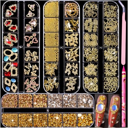Ftimda Gold Nail Charms & Gems Kit - 3D Metal Art Rhinestones
