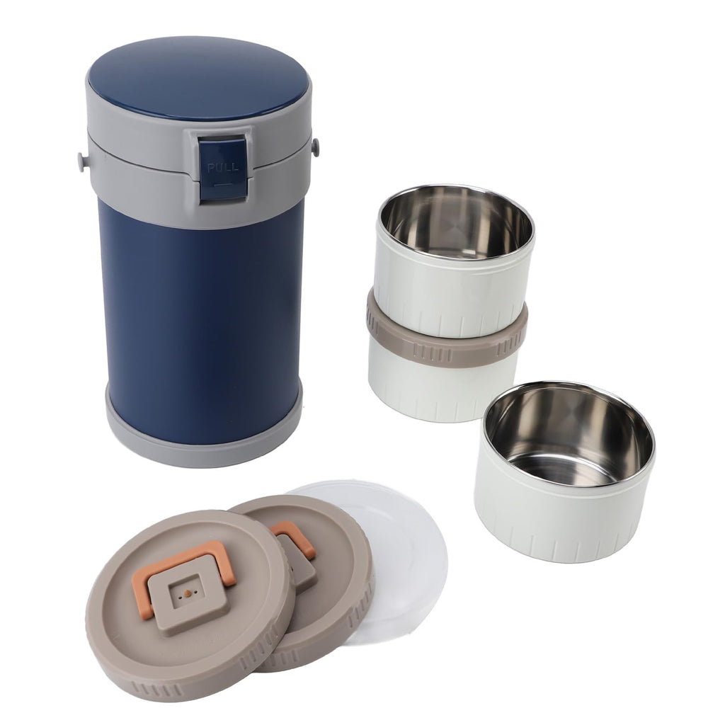 Pssopp Insulated Food Jar 3 Tier Compact Design Microwave Stainless Steel Thermal Lunch Box for Hot Food Soup and More (Blue)