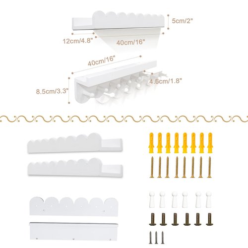 Iswabard Floating Nursery Book Shelves with Hooks-Scalloped Wall Book Shelves for Bedroom Kids Set of 3, Nursery Furniture Must Have, 16 Inch, White