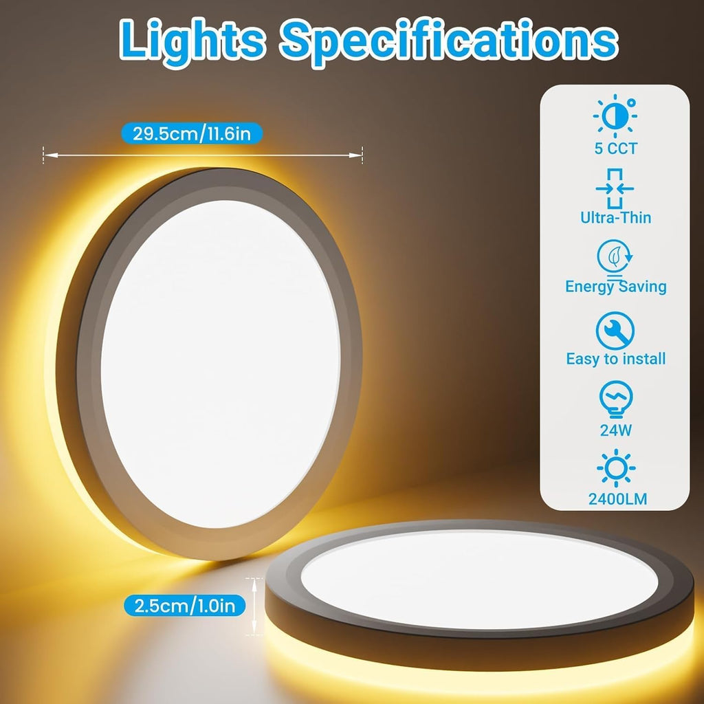 Skiennix 12-Inch LED Ceiling Light - 24W, 2400LM, Selectable 3000K to 6500K | Round Flush Mount Fixture for Bedroom, Bathroom, Kitchen